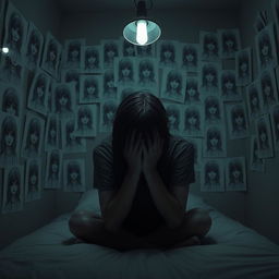 A portrait-sized 3D rendered image of a dark room featuring numerous eerie drawings of girls with their faces obscured by hair, glued to the walls