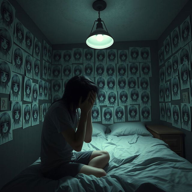 A portrait-sized 3D rendered image of a dark room featuring numerous eerie drawings of girls with their faces obscured by hair, glued to the walls