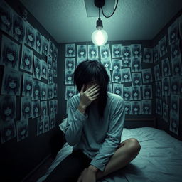 A portrait-sized 3D rendered image of a dark room featuring numerous eerie drawings of girls with their faces obscured by hair, glued to the walls