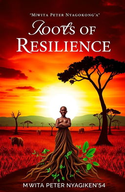 A captivating book cover design for 'Roots of Resilience' by Mwita Peter Nyagokong'a