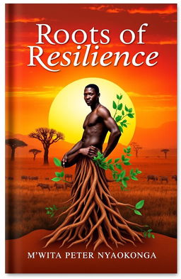 A captivating book cover design for 'Roots of Resilience' by Mwita Peter Nyagokong'a