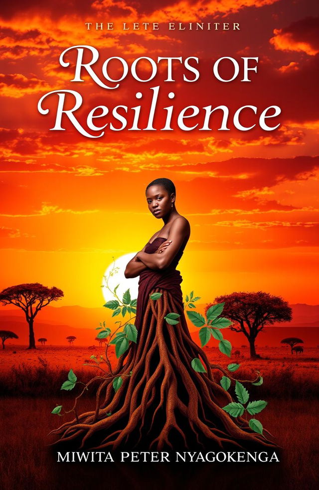 A captivating book cover design for 'Roots of Resilience' by Mwita Peter Nyagokong'a