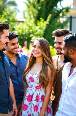 A beautiful girl with long flowing hair, wearing a stylish summer dress, smiling joyfully while surrounded by a group of handsome men