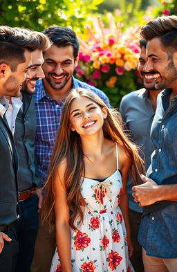 A beautiful girl with long flowing hair, wearing a stylish summer dress, smiling joyfully while surrounded by a group of handsome men