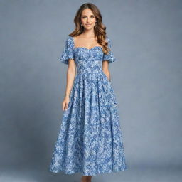 A viral, trendy, long, flowy, floral dress with an alternating blue and white pattern for a wedding guest, featuring a corset top and short sleeves. This dress exemplifies stylish sophistication, perfect for a modern-day wedding event.