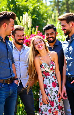 A beautiful girl with long flowing hair, wearing a stylish summer dress, smiling joyfully while surrounded by a group of handsome men