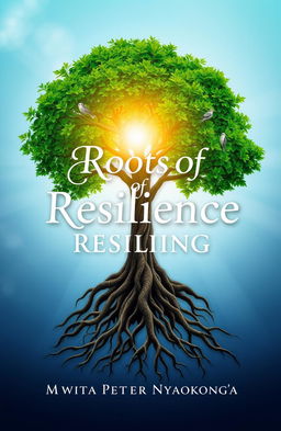 A serene and inspiring book cover design for 'Roots Of Resilience' by Mwita Peter Nyagokong'a