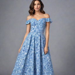 A viral, trendy, long, flowy, floral dress with a linear alternating blue and white pattern for a wedding guest, featuring a corset top and short sleeves. This dress symbolizes the cutting edge of fashion, ideal for contemporary wedding attendees.