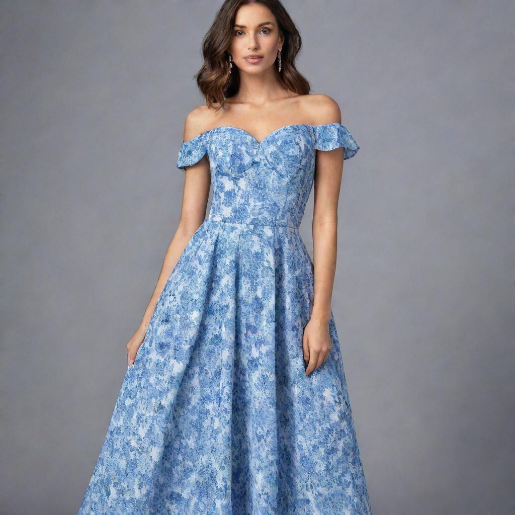 A viral, trendy, long, flowy, floral dress with a linear alternating blue and white pattern for a wedding guest, featuring a corset top and short sleeves. This dress symbolizes the cutting edge of fashion, ideal for contemporary wedding attendees.