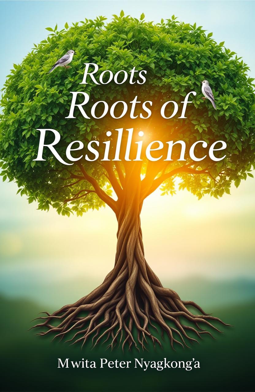 A serene and inspiring book cover design for 'Roots Of Resilience' by Mwita Peter Nyagokong'a