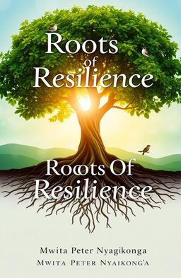A serene and inspiring book cover design for 'Roots Of Resilience' by Mwita Peter Nyagokong'a