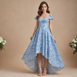 A viral, trendy, long, flowy, floral dress with a linear alternating blue and white pattern for a wedding guest, featuring a corset top and short sleeves. This dress symbolizes the cutting edge of fashion, ideal for contemporary wedding attendees.