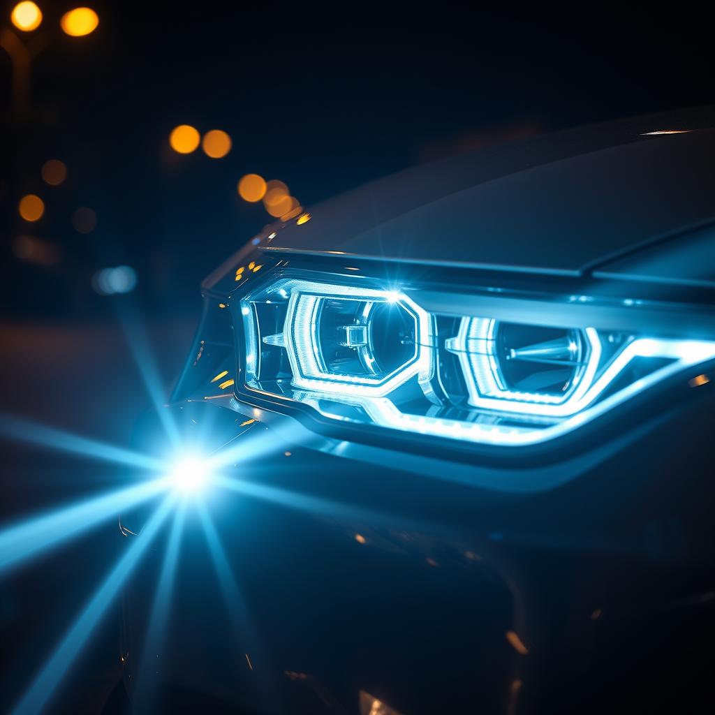 A close-up view of modern car headlights glowing brightly in the darkness, highlighting their sleek design and intricate details