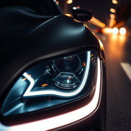 A close-up view of modern car headlights glowing brightly in the darkness, highlighting their sleek design and intricate details