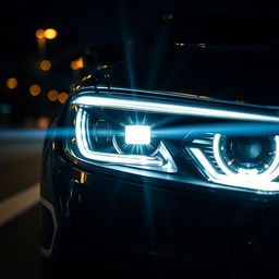 A close-up view of modern car headlights glowing brightly in the darkness, highlighting their sleek design and intricate details
