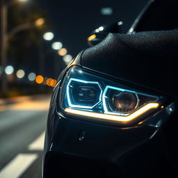A close-up view of modern car headlights glowing brightly in the darkness, highlighting their sleek design and intricate details