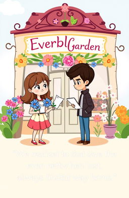A cute cartoon-style book cover featuring a girl and a guy standing in front of a whimsical florist shop named "Everbloom Garden"