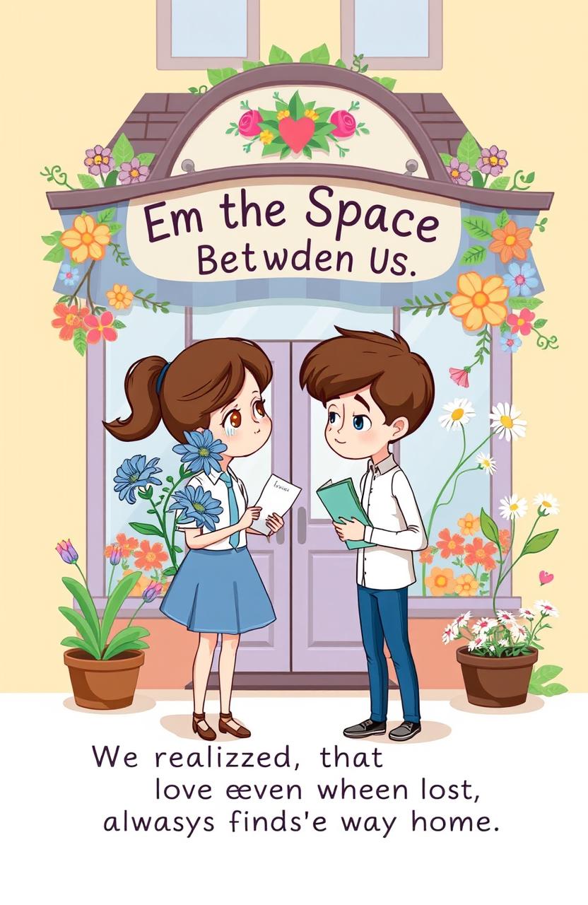 A cute cartoon-style book cover featuring a girl and a guy standing in front of a whimsical florist shop named "Everbloom Garden"