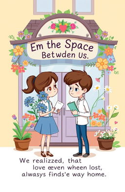 A cute cartoon-style book cover featuring a girl and a guy standing in front of a whimsical florist shop named "Everbloom Garden"