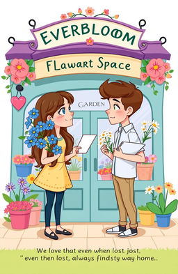 A cute cartoon-style book cover featuring a girl and a guy standing in front of a whimsical florist shop named "Everbloom Garden"