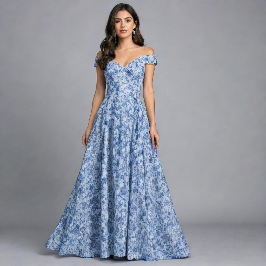 A viral, trendy, long, flowy, floral dress with a linear alternating blue and white pattern for a wedding guest, featuring a corset top and short sleeves. This dress symbolizes the cutting edge of fashion, ideal for contemporary wedding attendees.