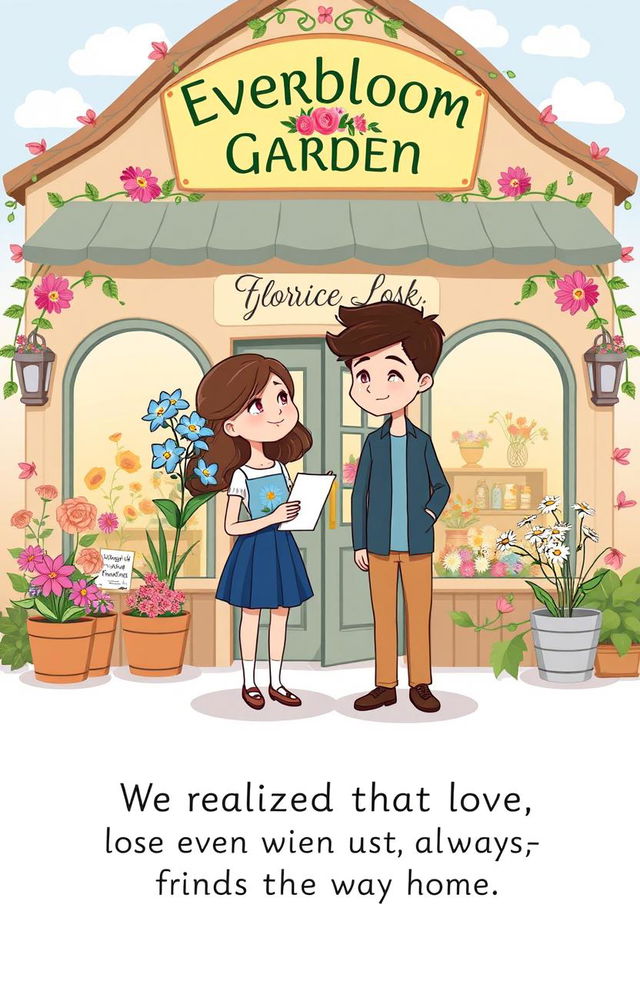 A cute cartoon-style book cover featuring a girl and a guy standing in front of a whimsical florist shop named "Everbloom Garden"