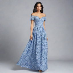 A viral, trendy, long, flowy, floral dress with a linear alternating blue and white pattern for a wedding guest, featuring a corset top and short sleeves. This dress symbolizes the cutting edge of fashion, ideal for contemporary wedding attendees.