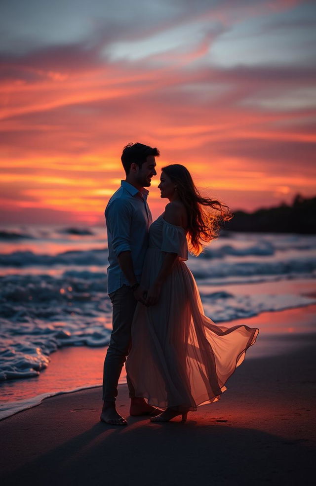 A romantic scene depicting a couple standing on a beach during sunset, holding hands, with waves gently crashing in the background