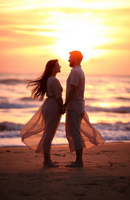 A romantic scene depicting a couple standing on a beach during sunset, holding hands, with waves gently crashing in the background