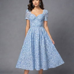 A viral and trendy, long, flowy, floral dress with a corset top and short sleeves, showcasing an alternating blue and white linear pattern. This dress is made for a wedding guest, representing the height of contemporary, chic fashion.