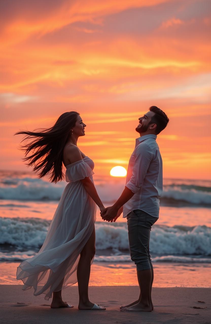 A romantic scene depicting a couple standing on a beach during sunset, holding hands, with waves gently crashing in the background