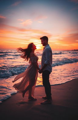 A romantic scene depicting a couple standing on a beach during sunset, holding hands, with waves gently crashing in the background