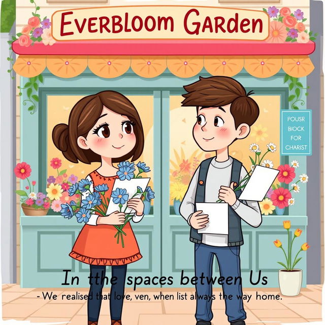 A cute cartoon-style book cover featuring a girl and a guy standing in front of a charming florist shop named "Everbloom Garden"