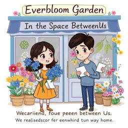 A cute cartoon-style book cover featuring a girl and a guy standing in front of a charming florist shop named "Everbloom Garden"