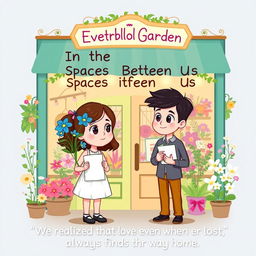 A cute cartoon-style book cover featuring a girl and a guy standing in front of a charming florist shop named "Everbloom Garden"