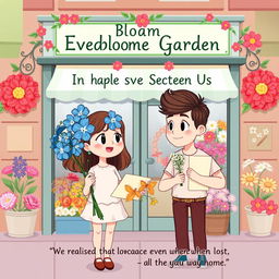 A cute cartoon-style book cover featuring a girl and a guy standing in front of a charming florist shop named "Everbloom Garden"