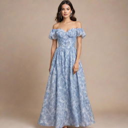 A viral and trendy, long, flowy, floral dress with a corset top and short sleeves, showcasing an alternating blue and white linear pattern. This dress is made for a wedding guest, representing the height of contemporary, chic fashion.