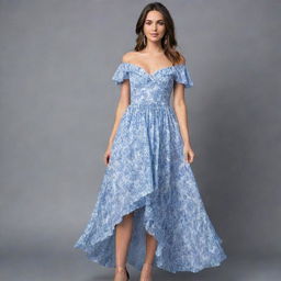 A viral and trendy, long, flowy, floral dress with a corset top and short sleeves, showcasing an alternating blue and white linear pattern. This dress is made for a wedding guest, representing the height of contemporary, chic fashion.