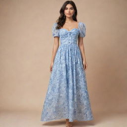 A viral and trendy, long, flowy, floral dress with a corset top and short sleeves, showcasing an alternating blue and white linear pattern. This dress is made for a wedding guest, representing the height of contemporary, chic fashion.