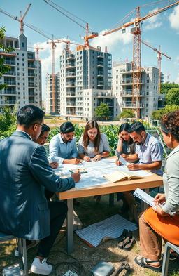 An artistic representation of a diverse group of people engaging in effective written communication while constructing buildings