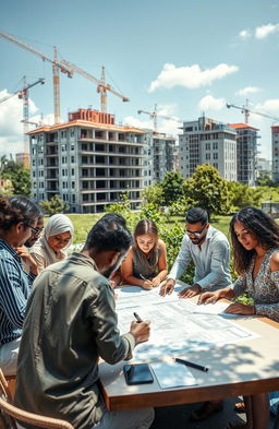 An artistic representation of a diverse group of people engaging in effective written communication while constructing buildings