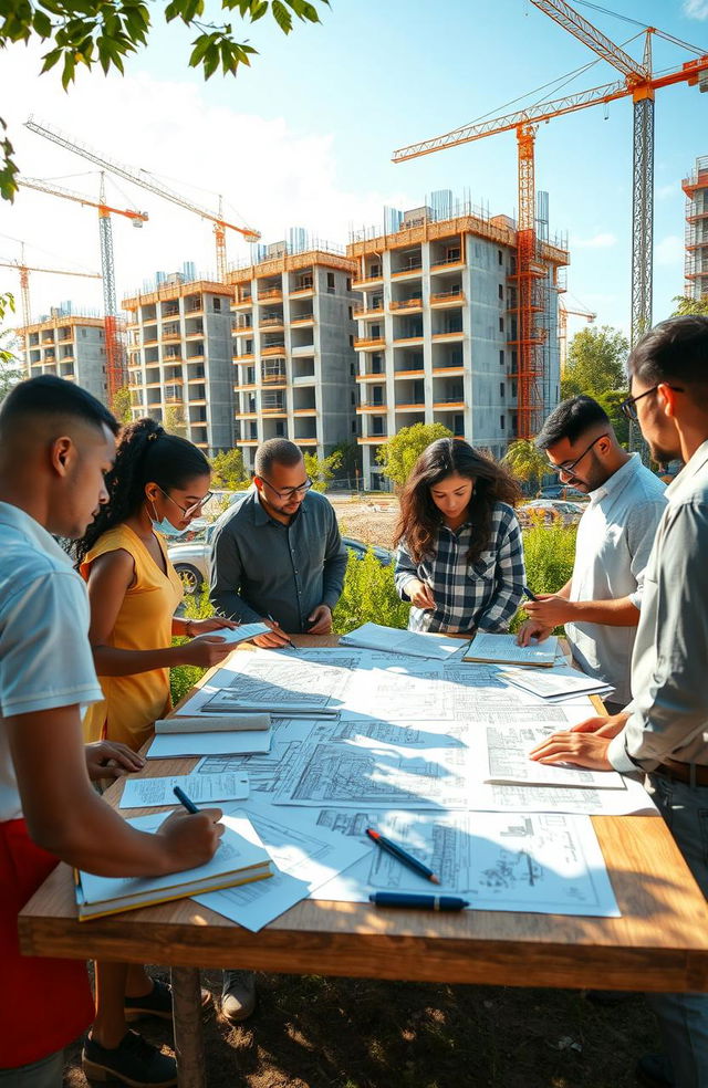 An artistic representation of a diverse group of people engaging in effective written communication while constructing buildings