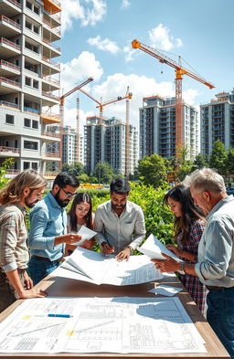 An artistic representation of a diverse group of people engaging in effective written communication while constructing buildings