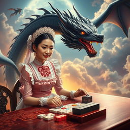 An Indonesian woman dressed in an elegant maid costume, complete with a frilly apron and stylish headpiece, enjoying a game of mahjong