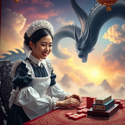 An Indonesian woman dressed in an elegant maid costume, complete with a frilly apron and stylish headpiece, enjoying a game of mahjong