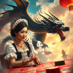 An Indonesian woman dressed in an elegant maid costume, complete with a frilly apron and stylish headpiece, enjoying a game of mahjong