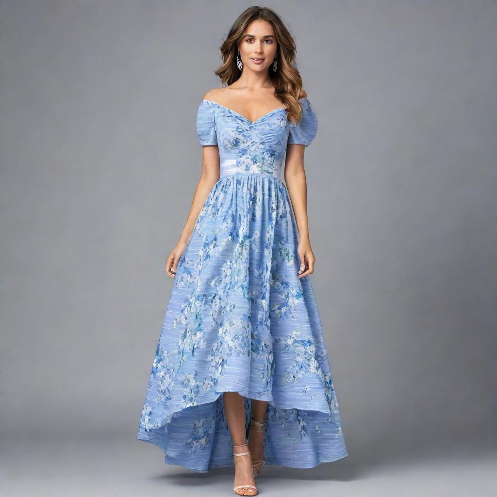 A viral, trendy, long, flowy, floral dress with a corset top and short sleeves. The dress displays horizontally alternating blue and white stripes, crafted for a wedding guest, encapsulating the peak of current fashion trends.