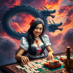 A sexy Indonesian maid, dressed in a stylish and alluring maid costume, is engaged in a game of mahjong