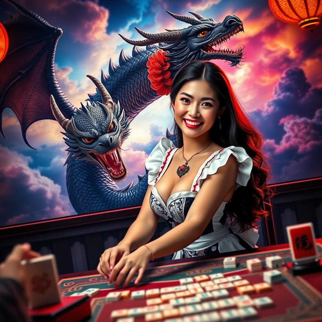 A sexy Indonesian maid, dressed in a stylish and alluring maid costume, is engaged in a game of mahjong