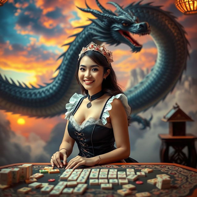 A sexy Indonesian maid, dressed in a stylish and alluring maid costume, is engaged in a game of mahjong